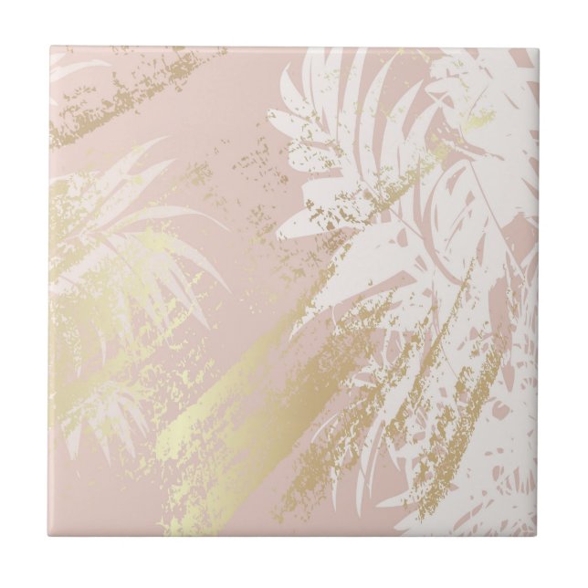 Tropical palm tree leaves pink gold ceramic tile (Front)