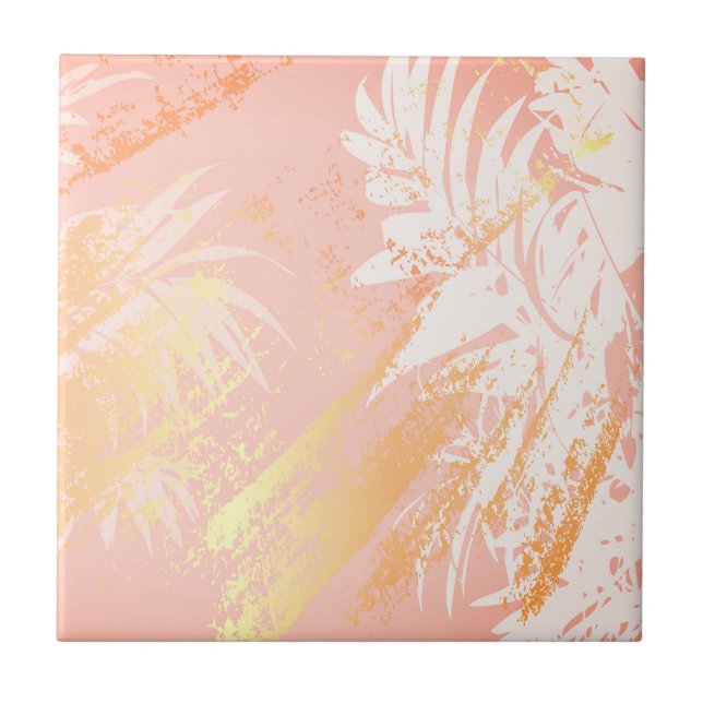 Tropical palm tree leaves rose gold pink rustic ceramic tile (Front)