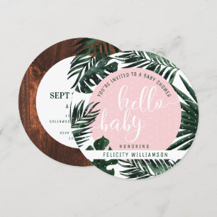 Tropical Palm Tree Leaves & Wood Girl Baby Shower Invitation