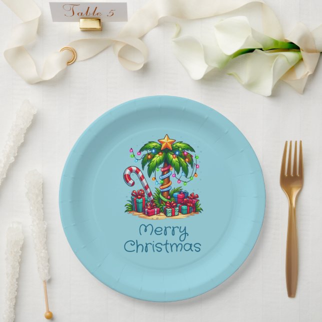Tropical Palm Tree Merry Christmas Paper Plate (Wedding)