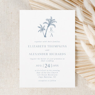 Tropical Palm Tree Monogram Beach Blue Wedding Invitation