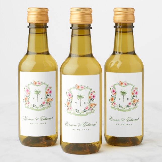 Tropical Palm Tree Monogram Crest Beach Wedding Wine Label (Bottles)