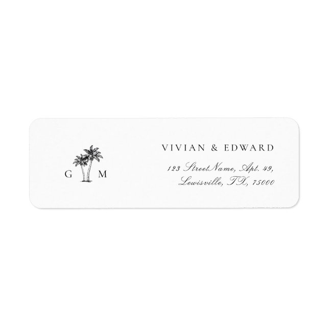 Tropical Palm Tree Monogram Return Address Wedding Label (Front)
