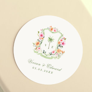 Tropical Palm Tree Monogram Summer Beach Wedding Classic Round Sticker