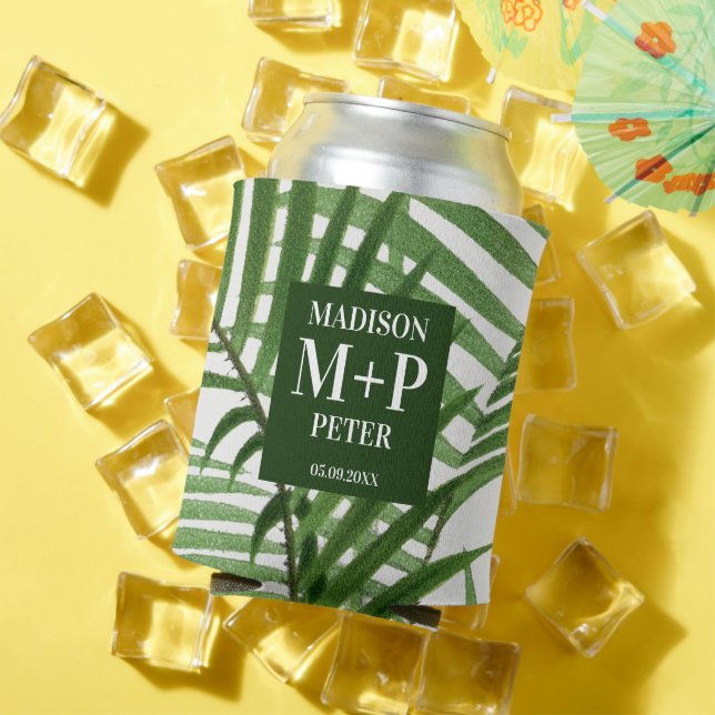 Tropical Palm Tree Monogrammed Wedding Album Can Cooler (In Situ Summer)