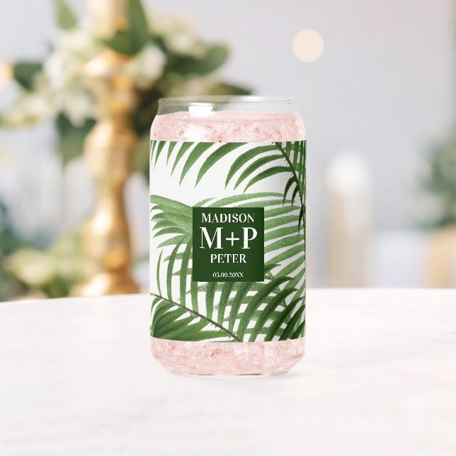 Tropical Palm Tree Monogrammed Wedding Gift Can Glass (Insitu (Wedding))