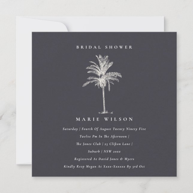 Tropical Palm Tree Navy Kraft Bridal Shower Invite (Front)