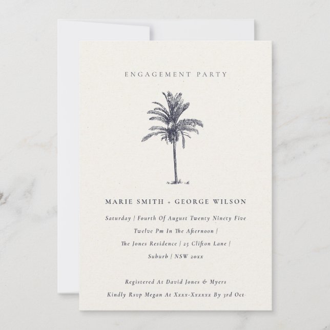 Tropical Palm Tree Navy Kraft Engagement Invite (Front)