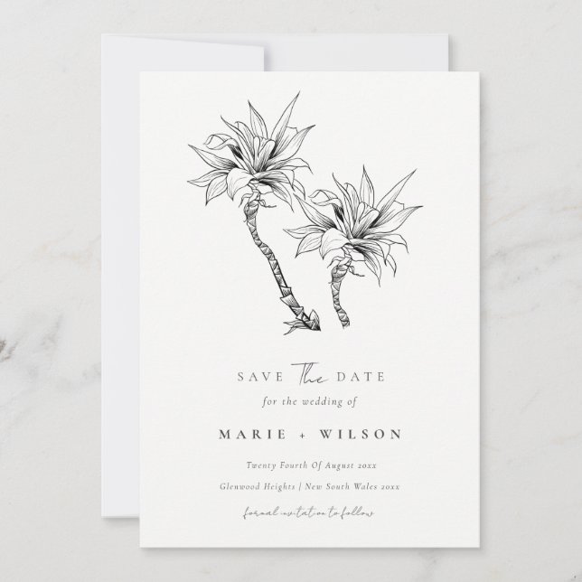 Tropical Palm Tree Navy Kraft Save The Date Invitation (Front)