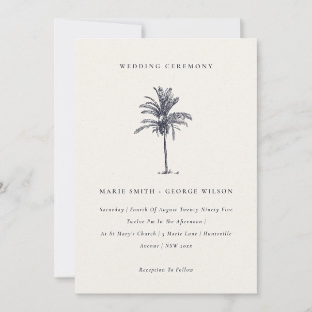 Tropical Palm Tree Navy Kraft Wedding Invite (Front)