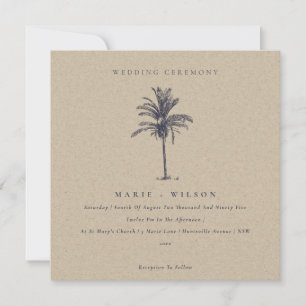 Tropical Palm Tree Navy Kraft Wedding Invite