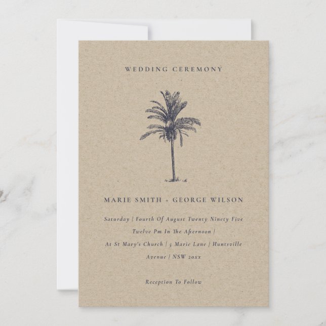 Tropical Palm Tree Navy Kraft Wedding Invite (Front)