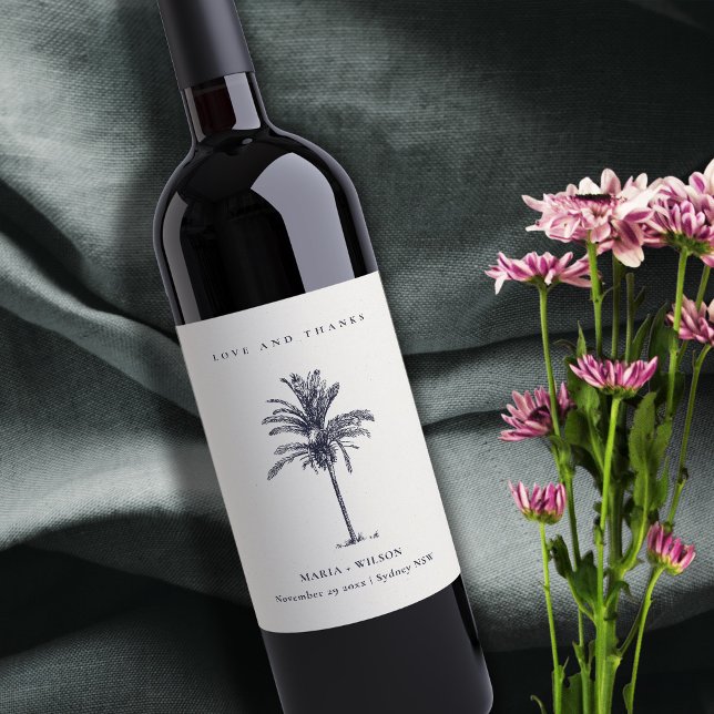 Tropical Palm Tree Navy Kraft Wedding Thanks Wine Label (Creator Uploaded)