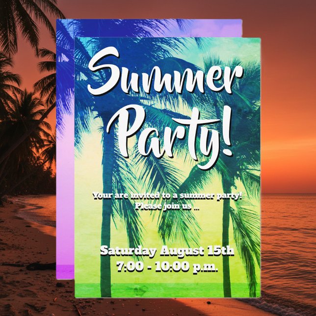Tropical palm tree neon colour summer party invitation (Creator Uploaded)