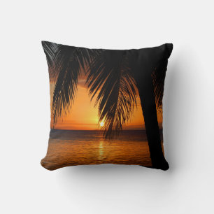 Tropical Palm Tree on Orange Sunset Island Cushion