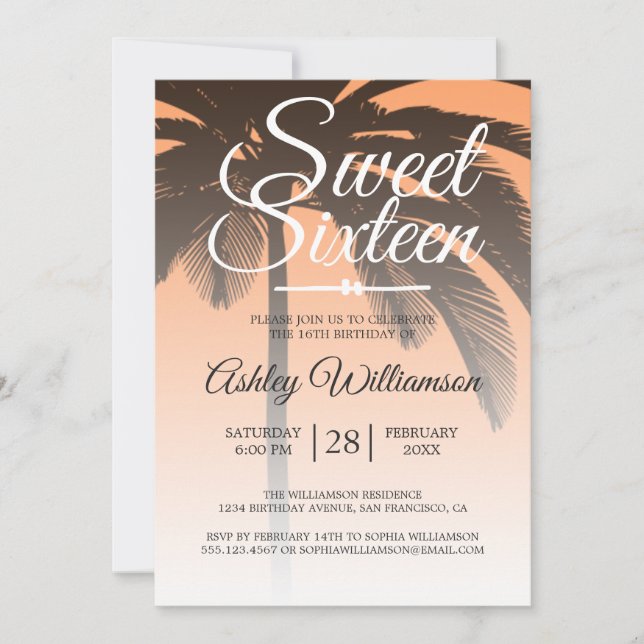 Tropical Palm Tree Orange Sweet 16 16th Birthday Invitation (Front)