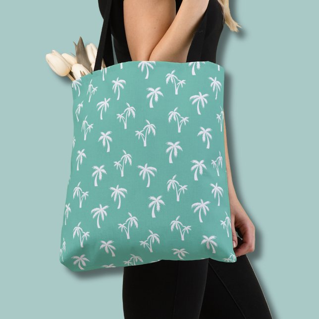 Tropical Palm Tree pattern sea green Tote Bag (Preppy Palm Tree pattern green tote bag)