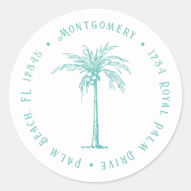 Tropical Palm Tree Personalised Return Address Classic Round Sticker (Front)