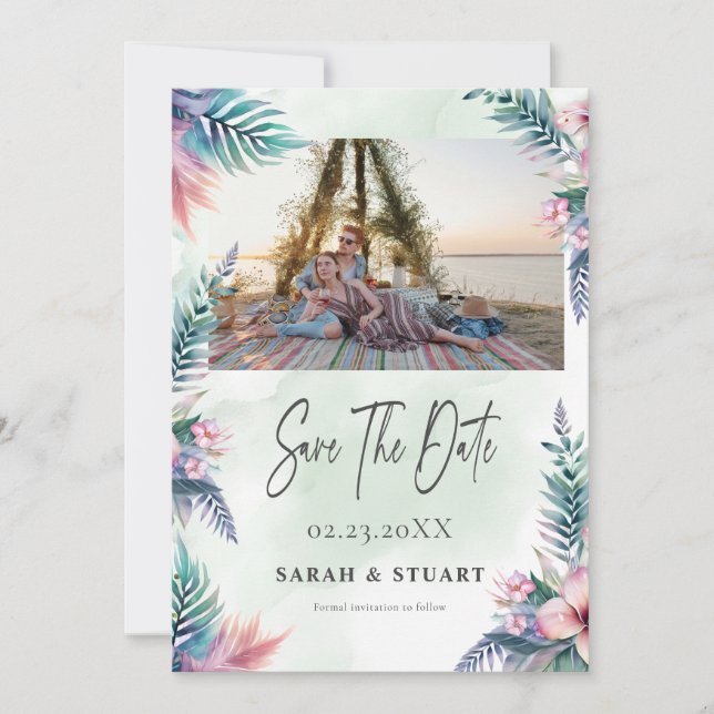 Tropical palm tree Photo QR Code Save The Date Invitation (Front)