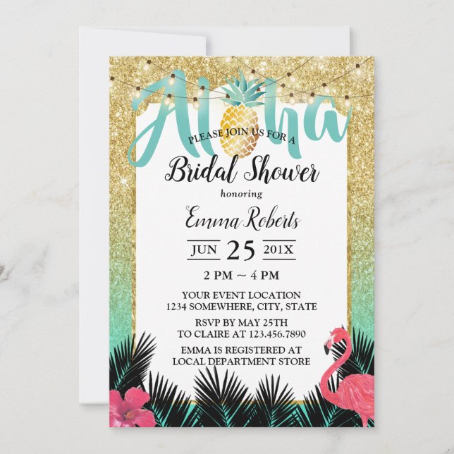 Tropical Palm Tree Pineapple Gold Bridal Shower Invitation (Front)