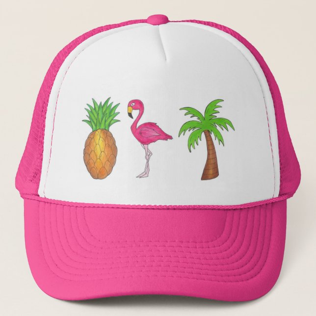 Tropical Palm Tree Pineapple Pink Flamingo Bird Trucker Hat (Front)