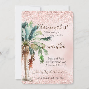Tropical Palm Tree Pink Glitter Invitation