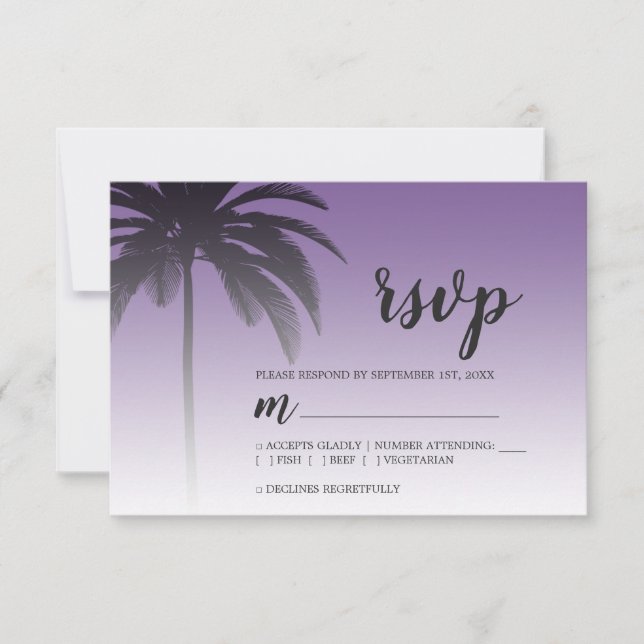 Tropical Palm Tree Purple Beach Wedding RSVP Card (Front)