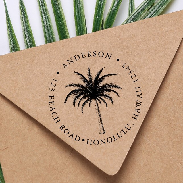 Tropical Palm Tree Round Return Address Self-inking Stamp (Creator Uploaded)