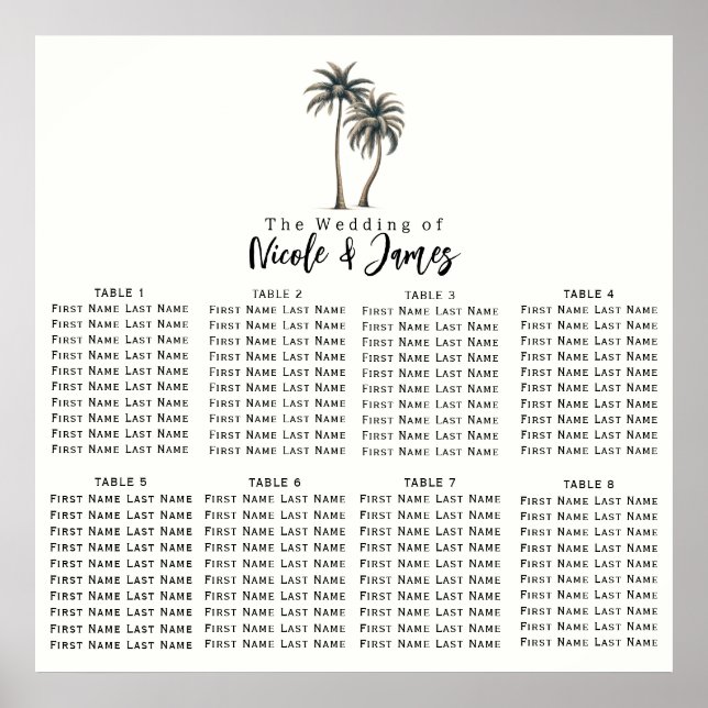 Tropical Palm Tree Rustic Wedding Seating Chart (Front)