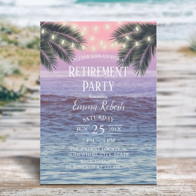 Tropical Palm Tree String Lights Beach Retirement Invitation (Creator Uploaded)