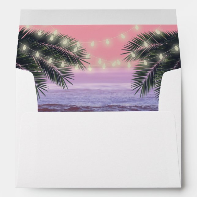 Tropical Palm Tree & String Lights Beach Wedding Envelope (Back (Bottom))