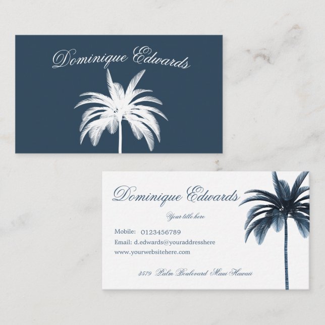 Tropical Palm Tree Stylish Blue White Professional Business Card (Front/Back)