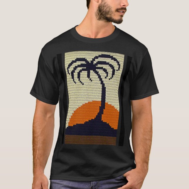 Tropical Palm Tree Sunrise Artisan Crochet Print T-Shirt (Front)