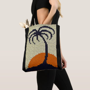 Tropical Palm Tree Sunrise Artisan Crochet Print   Tote Bag
