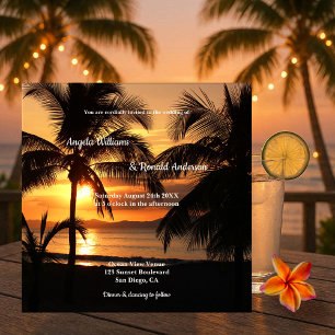 Tropical Palm Tree Sunset Beach Wedding Invitation