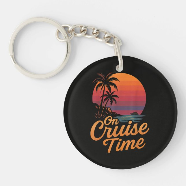 Tropical Palm Tree Sunset Cruise Vacation Key Ring (Front)