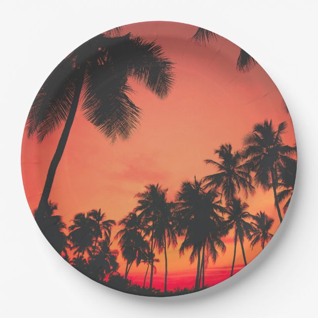 Tropical Palm Tree Sunset Paper Plate (Front)