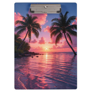 Tropical Palm Tree Sunset Pink Ocean Beach Clipboard