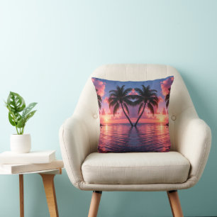 Tropical Palm Tree Sunset Pink Ocean Beach Cushion