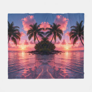 Tropical Palm Tree Sunset Pink Ocean Beach  Fleece Blanket