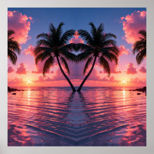 Tropical Palm Tree Sunset Pink Ocean Beach  Poster