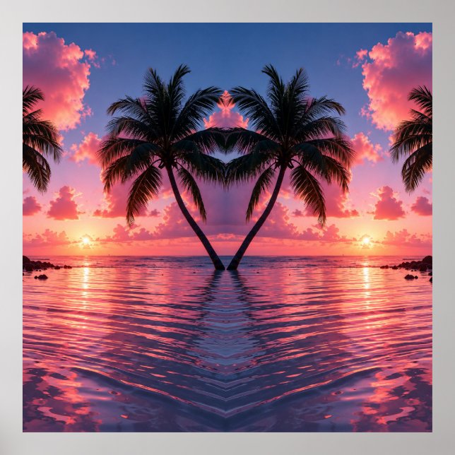 Tropical Palm Tree Sunset Pink Ocean Beach  Poster (Front)