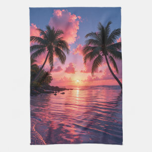Tropical Palm Tree Sunset Pink Ocean Beach Tea Towel