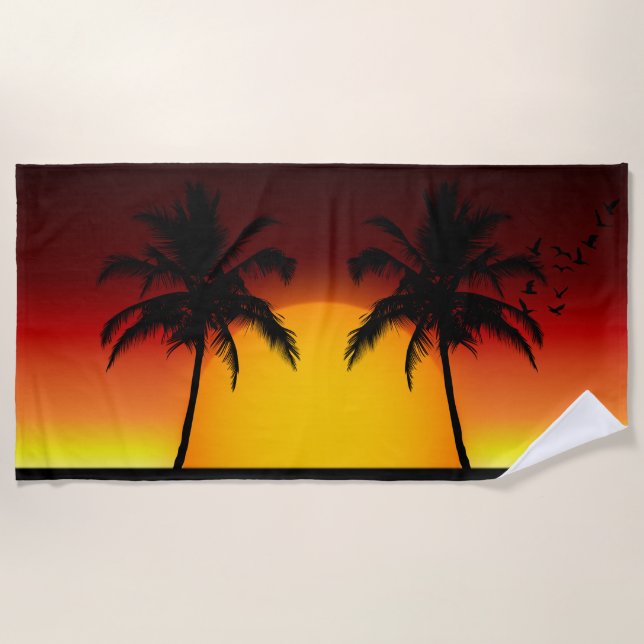 Tropical Palm Tree Sunset Silhouette Beach Towel (Front)