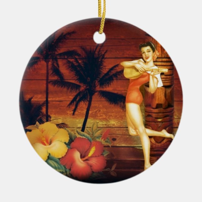 tropical Palm Tree totem pole hawaiian girl aloha Ceramic Ornament (Front)