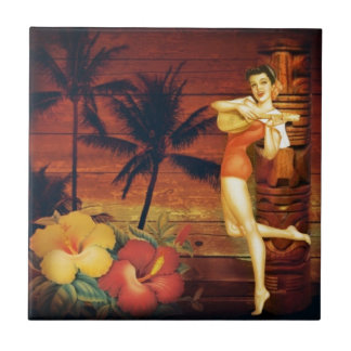 tropical Palm Tree totem pole hawaiian girl aloha Ceramic Tile