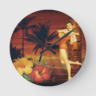 tropical Palm Tree totem pole hawaiian girl aloha Round Clock