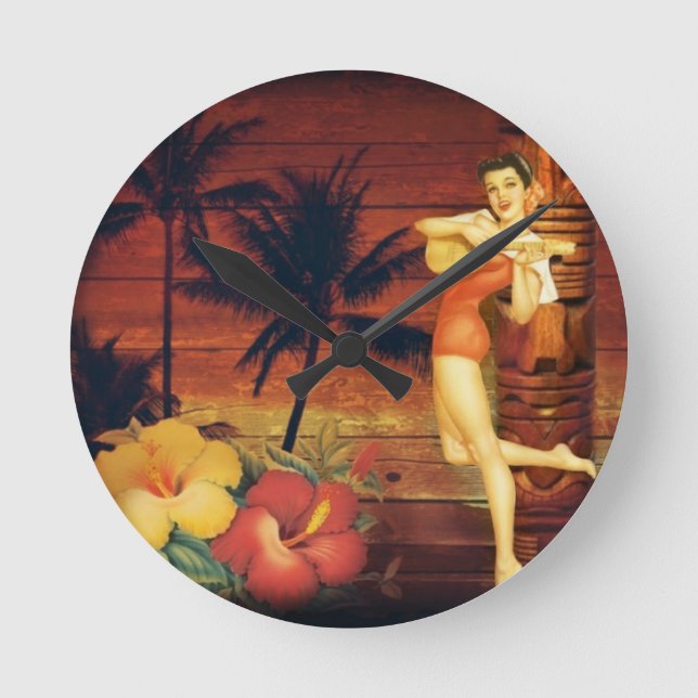 tropical Palm Tree totem pole hawaiian girl aloha Round Clock (Front)