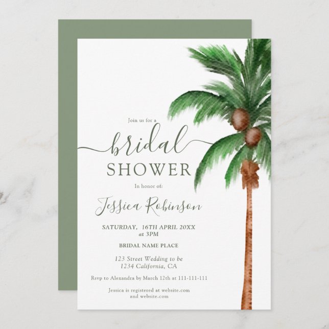 Tropical palm tree watercolor green bridal shower invitation (Front/Back)