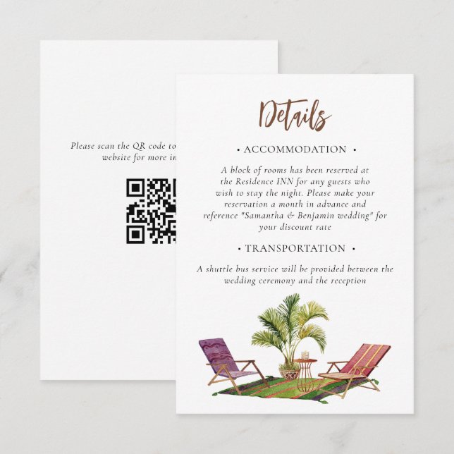 Tropical Palm Tree Wedding Details QR Code Enclosure Card (Front/Back)